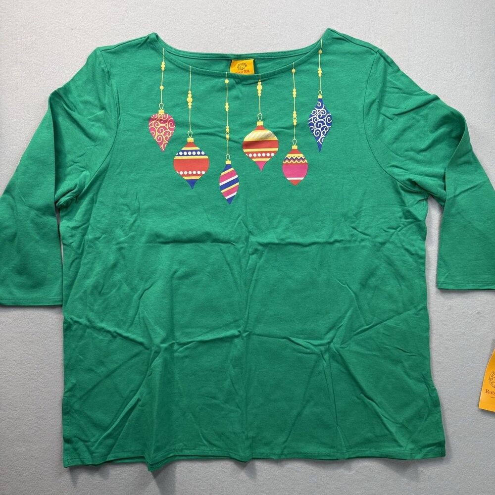 Ruby Rd Christmas Ornament Top XL NWT Green Holiday Festive Knit 3/4 Sleeve Tee